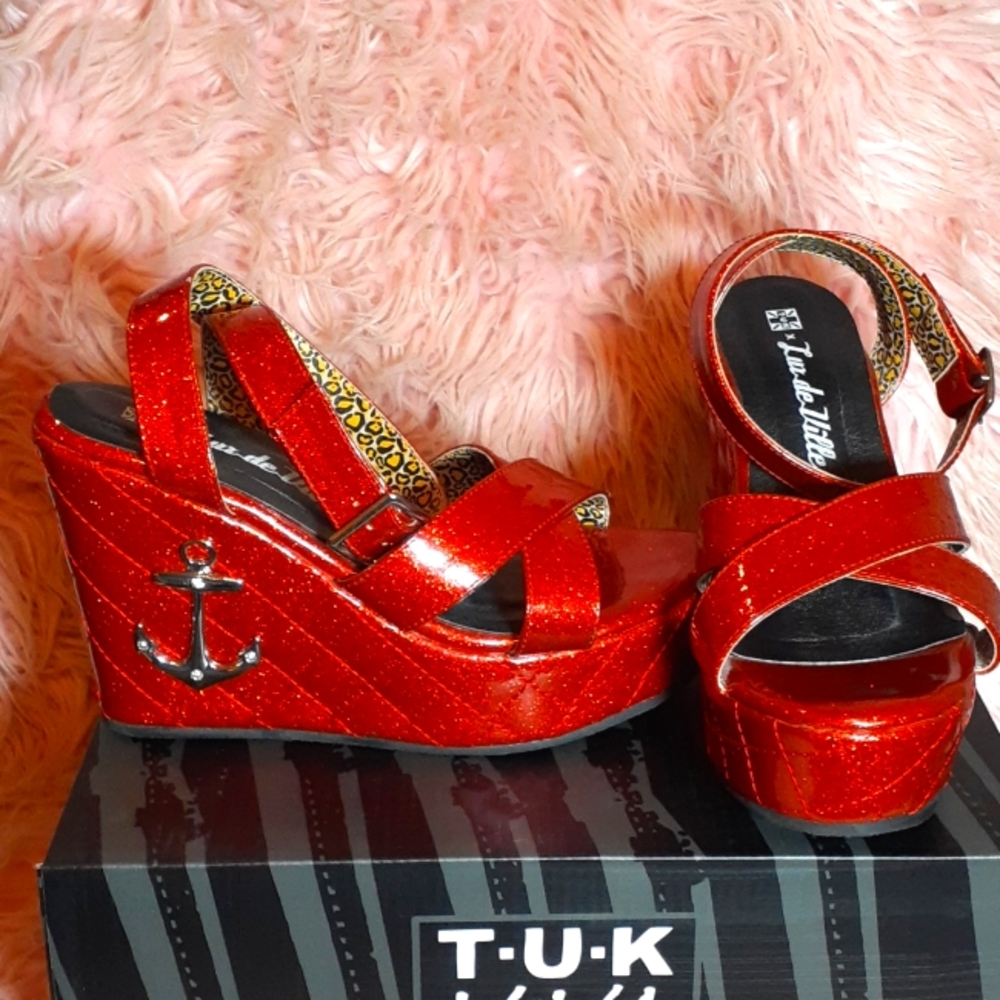 TUK x Lux de Ville red sparkle platforms size 7 US